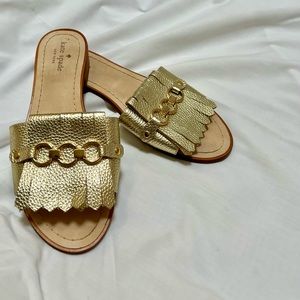 KATE SPADE New York BRIE Slide Flat Sandal Fringe Leather Gold